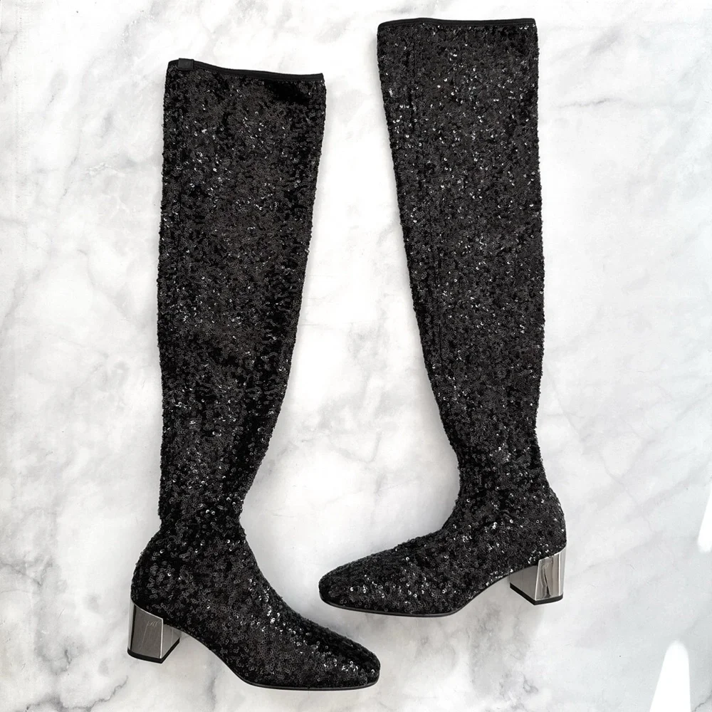 NEW Roger Vivier Sequin OTK Over the Knee Low Block Heel Sock Boots Black 35